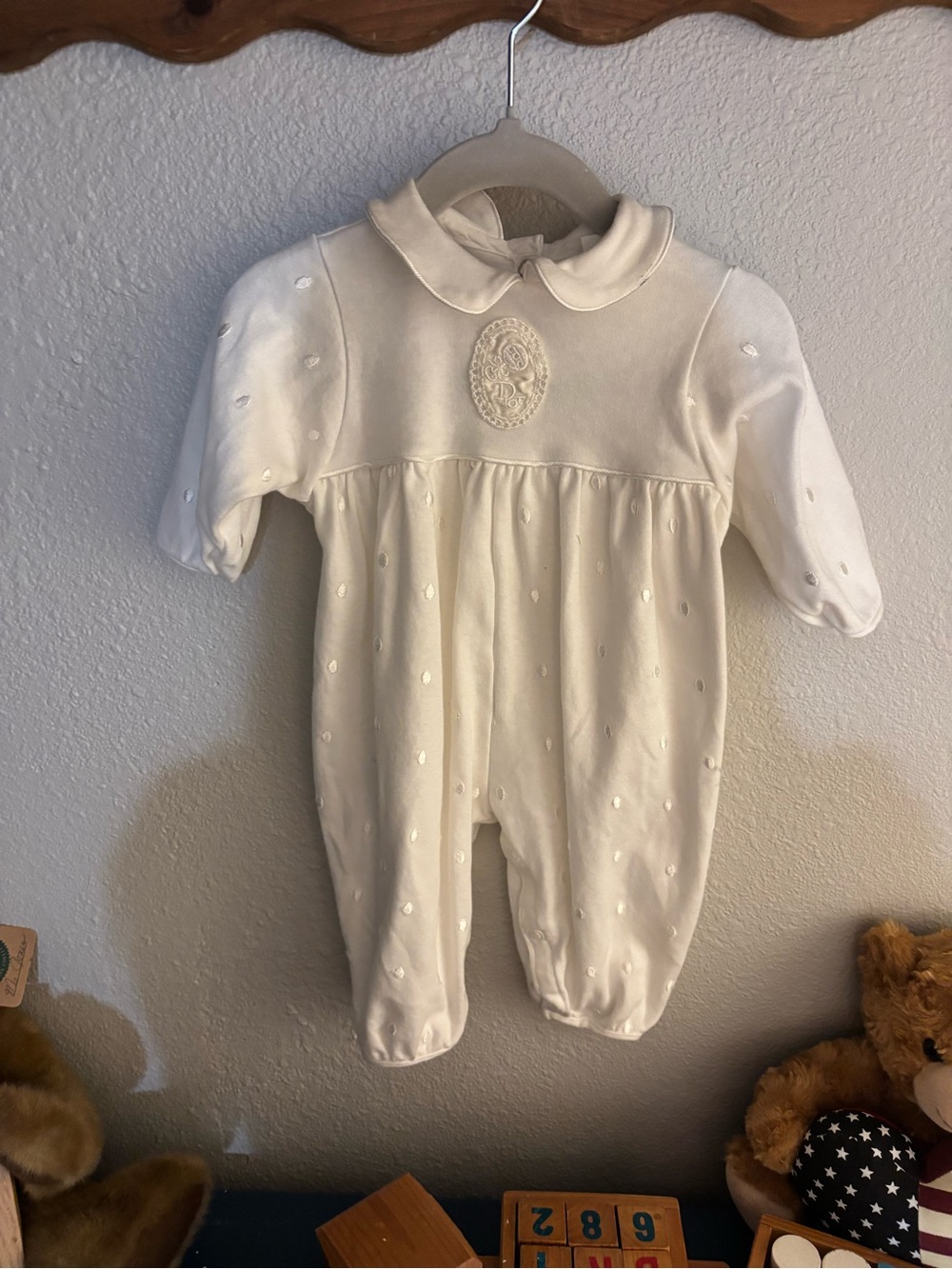 Dior Cream Baby One-Piece Footie with Embroidered Medallion